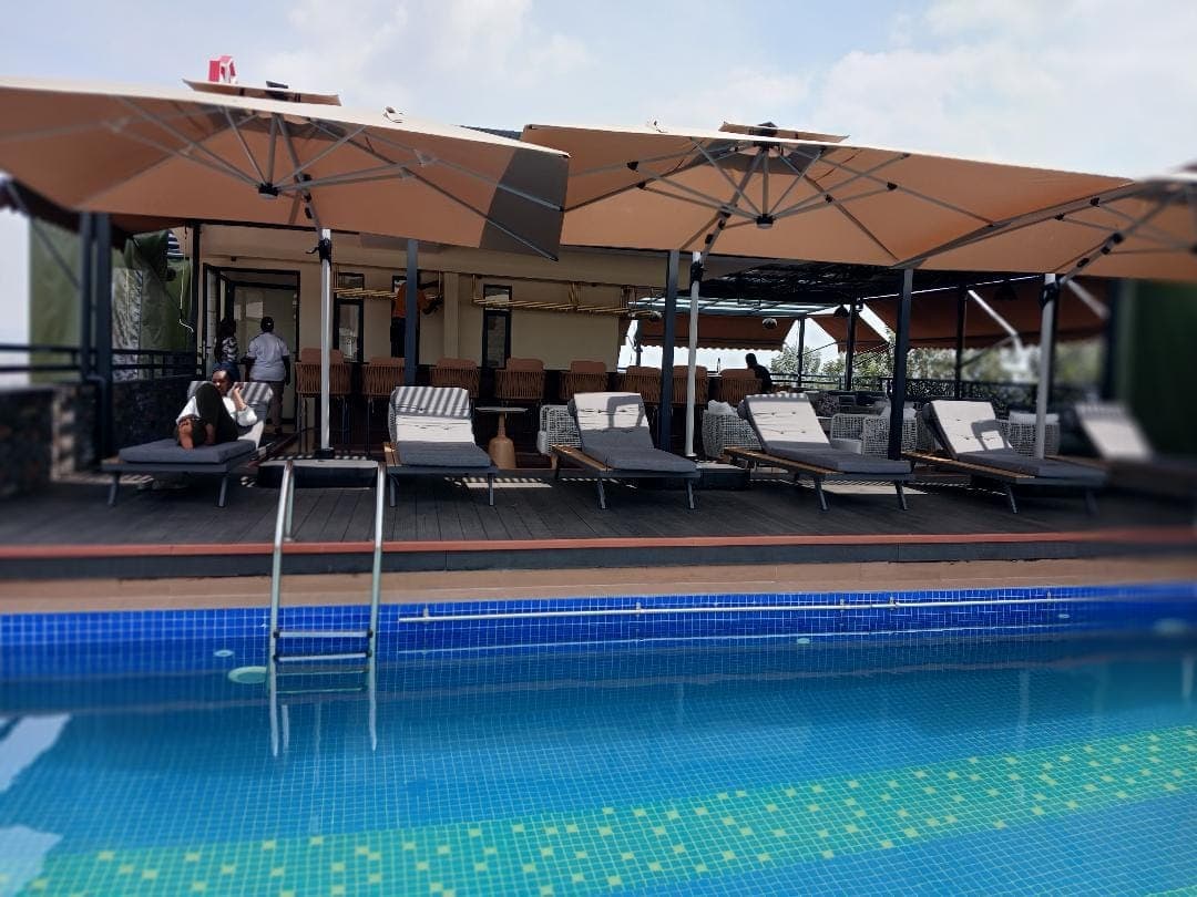 Modern high-end rooftop lounge at twilight